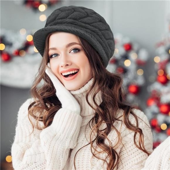 Women\'s Winter Beanie Warm Knitted Slouchy Wool Hats Cap with Visor, Dark Gray
